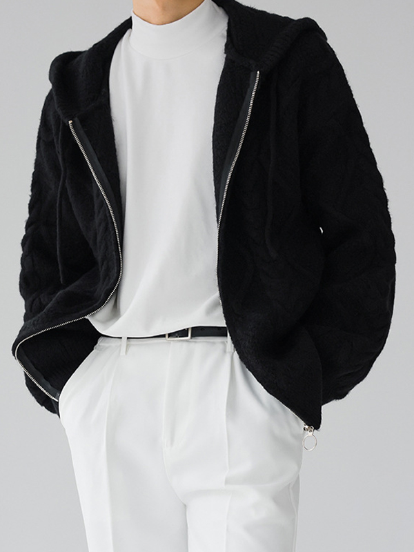 Übergroßer Herren-Kapuzenpullover mit Zopfmuster und Reißverschluss-2