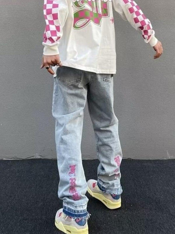 Lose Jeans mit Buchstabenstickerei für Herren in heller Waschung-2