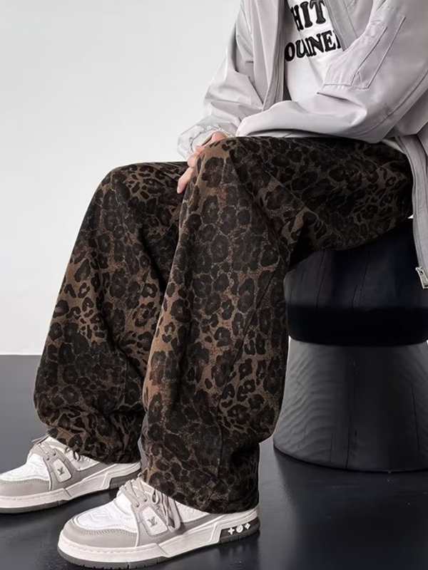 Lose Jeans für Herren im amerikanischen Retro-Nischen-Stil mit Leopardenmuster-4