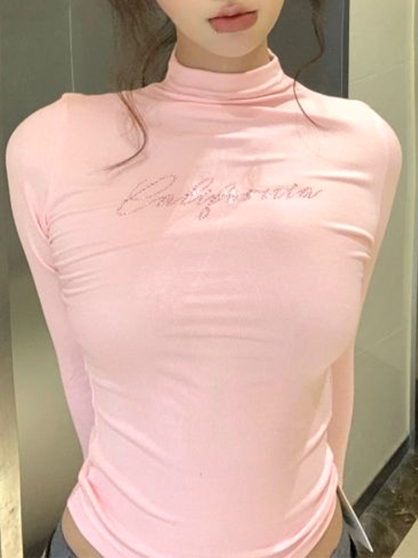 Langarm-T-Shirt mit Buchstaben-Strass-Print und Stehkragen-2