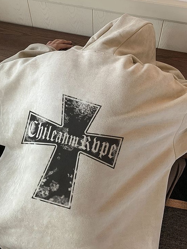 Übergroßer Kapuzenpullover mit Kreuzmuster aus Wildleder für Herren-2