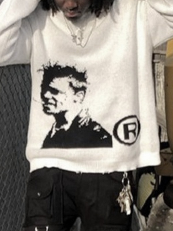 Herrenpullover mit Rundhalsausschnitt und Portrait-Print-2