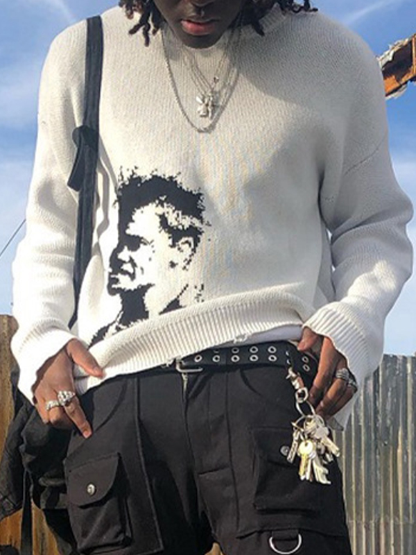 Herrenpullover mit Rundhalsausschnitt und Portrait-Print-1